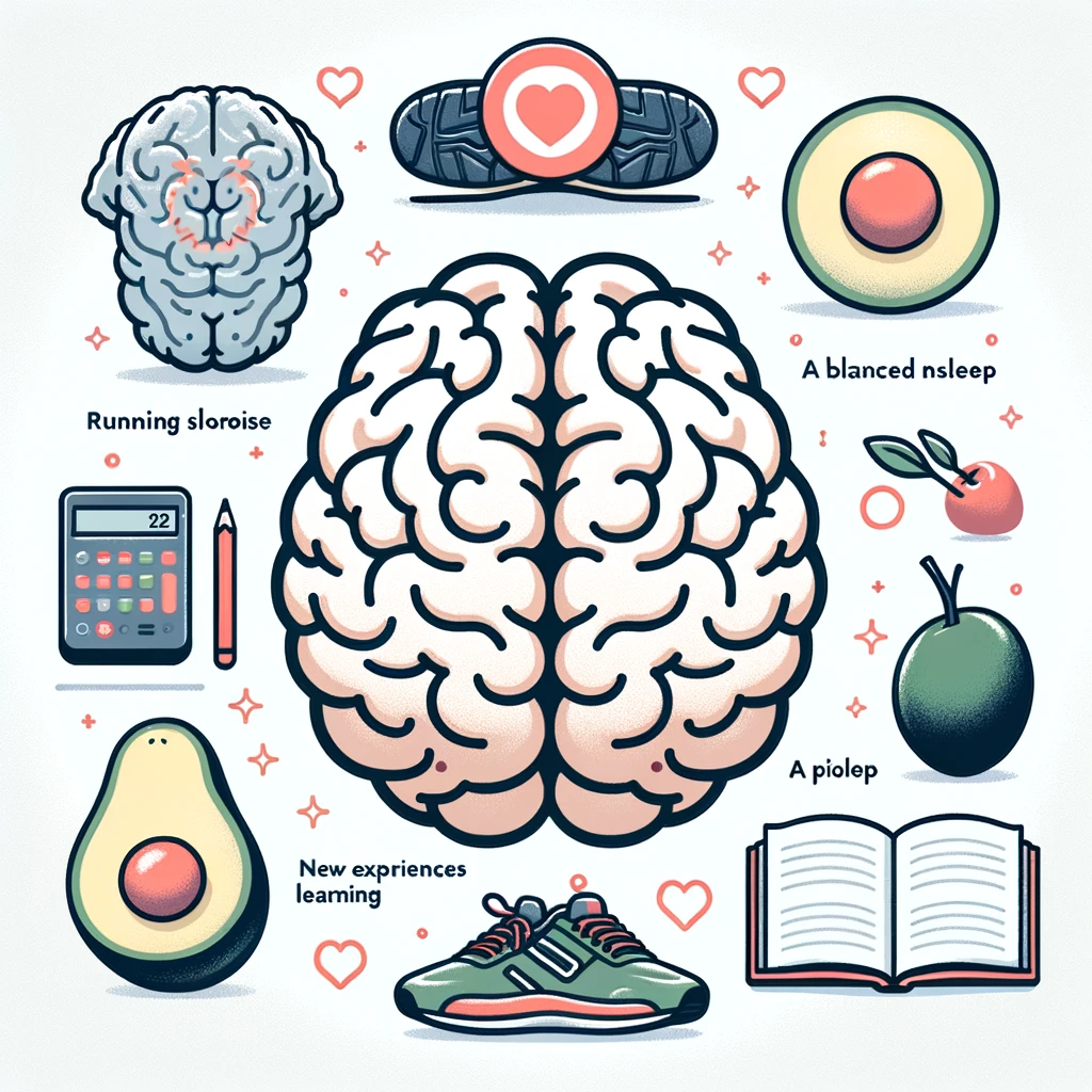 Cerveau illuminé par la dopamine, entouré de symboles de bien-être : sport, alimentation, sommeil, apprentissage.